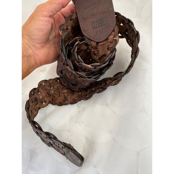 Womens XXL WIDE Brown Woven Hip Belt Genuine Leather Huge silver Buckle Boho - Picture 5 of 6